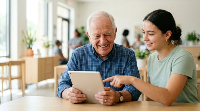 Happy senior person learning to use a digital tablet with the help of a young tutor or volunteer, representing technology education and social support for elders.
