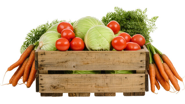 Fresh cabbage tomatoes and carrots in a wooden crate, isolated on transparent background