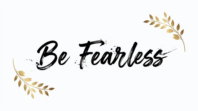 Be fearless motivational quote with gold leaves on white background