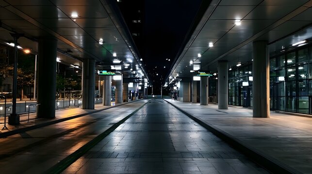 A sleek modern bus station interior captures a quiet moment amidst the bustle of public transportation announcements