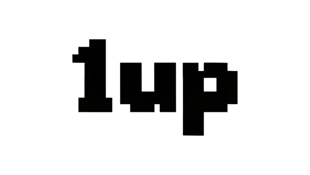 Retro pixelated 1up text isolated on transparent background, representing extra life