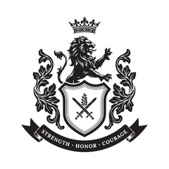 Heraldic crest with lion swords and floral ornaments on white background © MstLaila