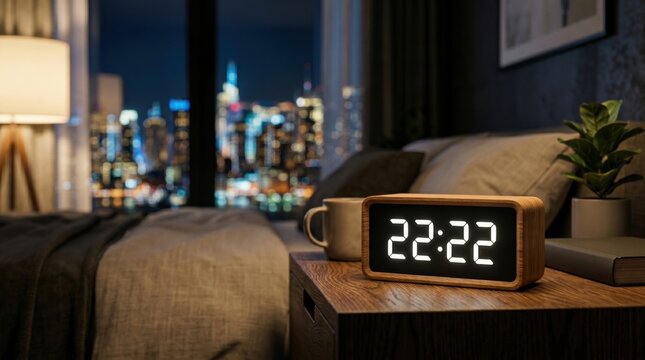 Digital clock displaying 22:22 at night. Angel number 2222, numerology, superstition, lucky number, synchronicity and manifestation concept