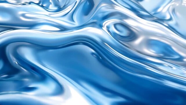 Glossy blue liquid metal waves on chrome surface. Abstract art texture suitable for backgrounds, product design, and technology concepts.