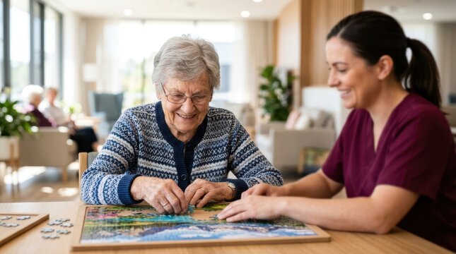 Active senior focused on solving a jigsaw puzzle while a professional caregiver offers support, representing cognitive activity, brain health, and senior leisure integration.