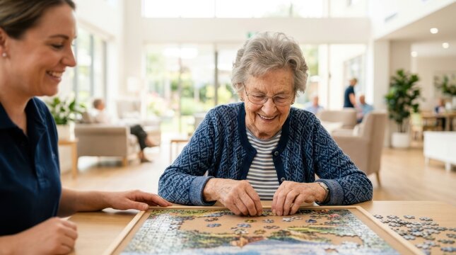 Active senior focused on solving a jigsaw puzzle while a professional caregiver offers support, representing cognitive activity, brain health, and senior leisure integration.