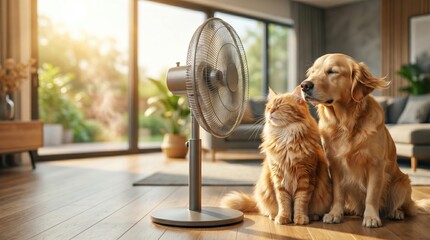 Fototapeta na wymiar Cat and dog cooling off in front of an electric fan during a summer heatwave, pet temperature relief, hot weather safety and animal welfare concept