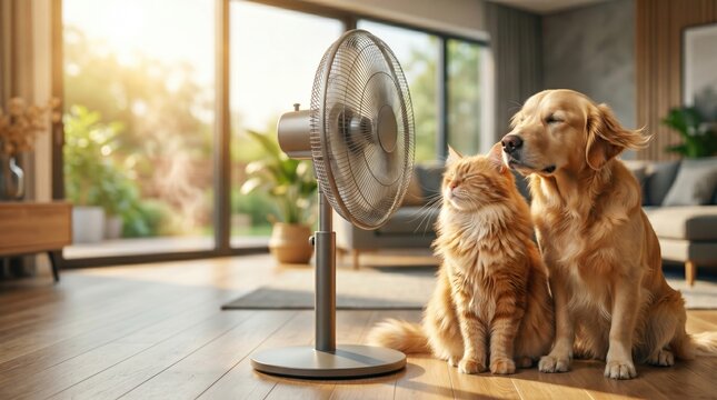 Cat and dog cooling off in front of an electric fan during a summer heatwave, pet temperature relief, hot weather safety and animal welfare concept