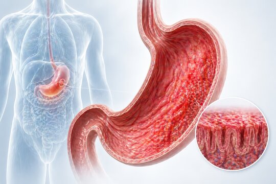 Detailed 3D medical illustration of an inflamed human stomach (gastritis) within a translucent body.