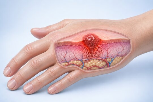 Detailed medical illustration of an inflamed skin lesion or tumor forming within the dermal and subcutaneous layers of a human hand, depicting pathology.