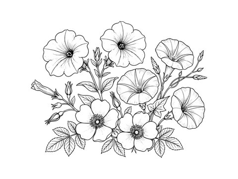 Vintage Morning Glory and Petunia Flower Line Art