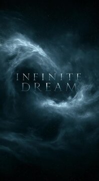 A deep space nebula slowly rotates with parallax star motion. Glowing cosmic dust drifts endlessly as giant luminous typography &ldquo;INFINITE DREAM&rdquo; floats in a cinematic cosmic scene.