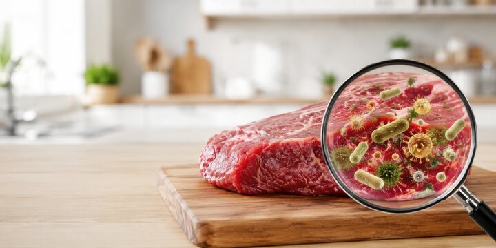 Raw meat contaminated with harmful bacteria under magnifying glass. Food safety risk, microbial contamination, foodborne illness, kitchen hygiene and consumer health concept. Banner, copy space