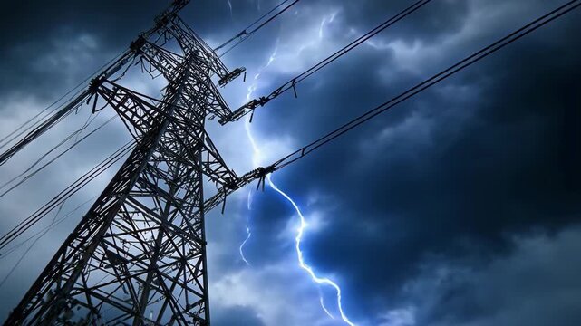 Storm clouds gather over power lines as lightning illuminates the dark skies during an intense electrical storm