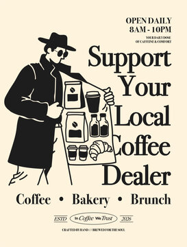 Coffee shop and bakery cafe poster template, monochrome retro layout featuring hand drawn funny coffee dealer character for cafeteria wall art interior design. Vector illustration