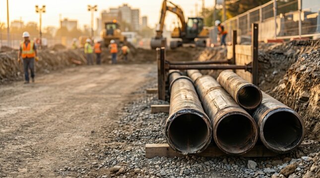 Underground pipeline construction with steel pipes at infrastructure project site. Utility installation, municipal services upgrade, water supply and energy distribution network concept