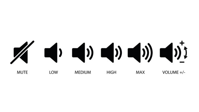 Flat icons showing audio controls mute on off medium high max volume up