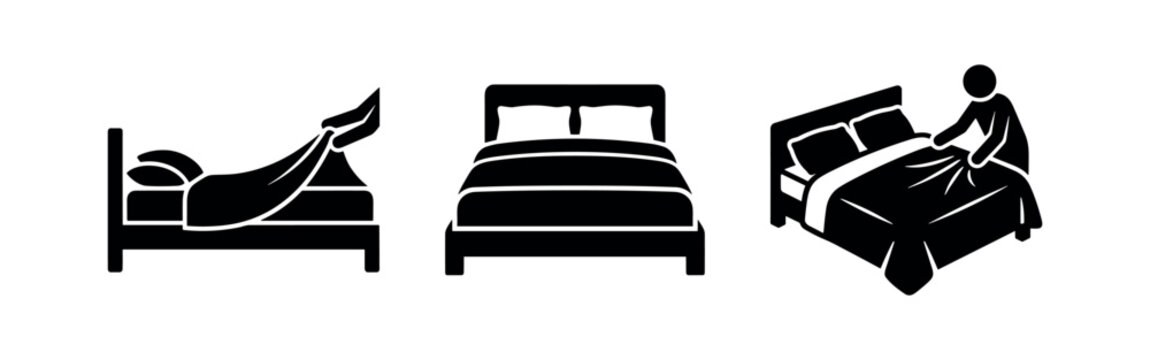 Bedroom icon set: person in bed, bed, person making bed