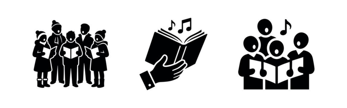 Choir group singing with sheet music, icons