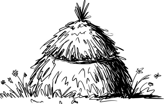 Of a haystack in a field with small flowers and grass