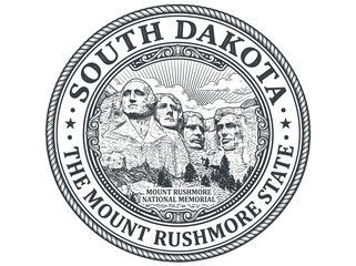 Fototapeta premium South Dakota state seal circular illustration, featuring Mount Rushmore National Memorial and presidential carvings.