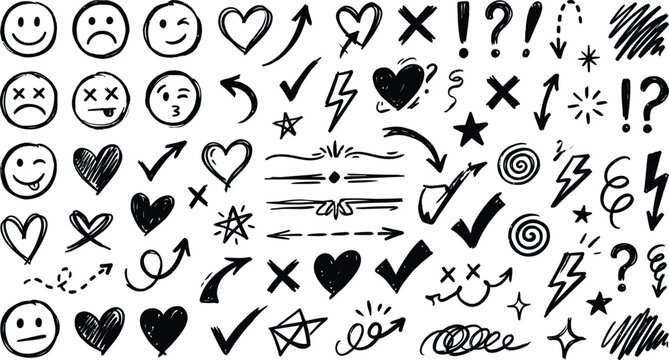 Collection of hand drawn black graffiti brush elements including heart, crown, star, arrow and abstract symbols
