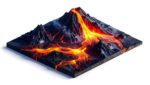 A 3D illustration of a volcanic landscape