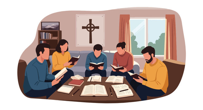 Flat style vector illustration of a Christian small group gathered for Bible study and fellowship in a home setting. Perfect for church ministries, discipleship programs, spiritual growth resources