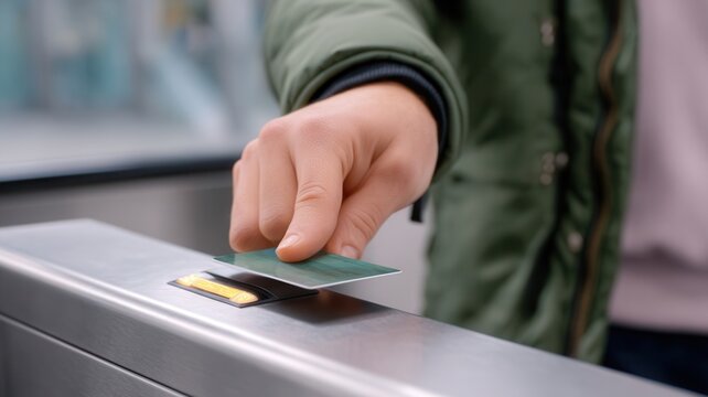 Hand placing thumb on a biometric scanner or card reader at an automatic turnstile area accessing a restricted