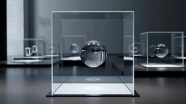 Centered floating glass sphere inside transparent cube in minimalist gallery display