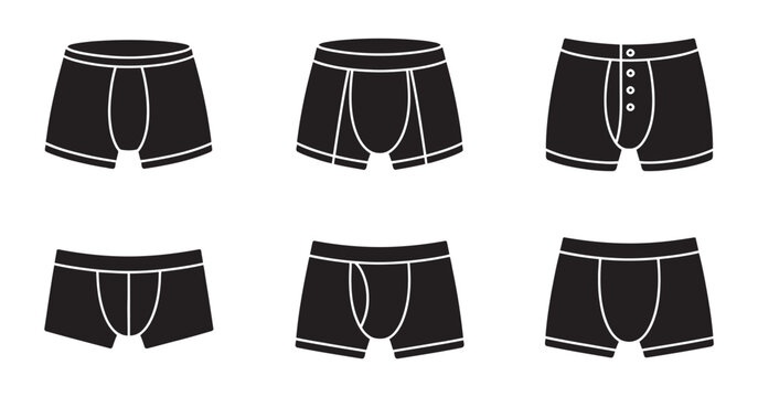 Black boxer briefs icons, men&rsquo;s underwear styles simple apparel vector graphics set, fashion garment essentials underwear illustration