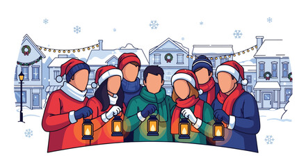 lat style vector illustration of Christian carolers singing outdoors during a snowy Christmas season. Perfect for holiday worship themes, church celebrations, seasonal campaigns, faith-based greetings © Amie