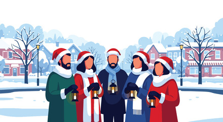 lat style vector illustration of Christian carolers singing outdoors during a snowy Christmas season. Perfect for holiday worship themes, church celebrations, seasonal campaigns, faith-based greetings © Amie