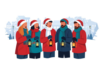lat style vector illustration of Christian carolers singing outdoors during a snowy Christmas season. Perfect for holiday worship themes, church celebrations, seasonal campaigns, faith-based greetings © Amie
