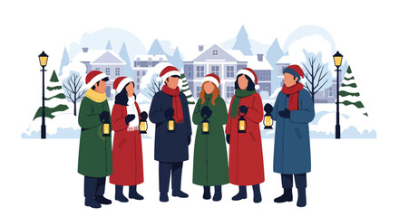 lat style vector illustration of Christian carolers singing outdoors during a snowy Christmas season. Perfect for holiday worship themes, church celebrations, seasonal campaigns, faith-based greetings © Amie