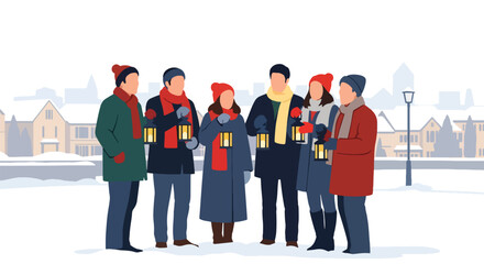 lat style vector illustration of Christian carolers singing outdoors during a snowy Christmas season. Perfect for holiday worship themes, church celebrations, seasonal campaigns, faith-based greetings © Amie