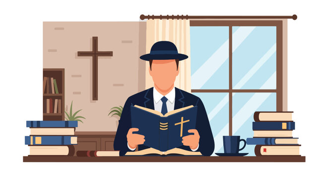 Flat style vector illustration of a Christian man studying scripture and taking notes at a desk. Perfect for devotional materials, Bible study resources, spiritual education, ministry training