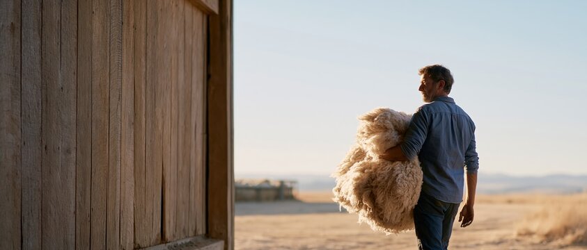 Man carrying wool fleece outdoors near barn