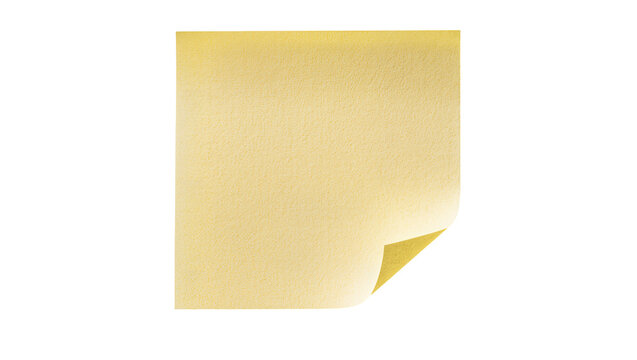 Yellow sticky note with curled corner, isolated on transparent background
