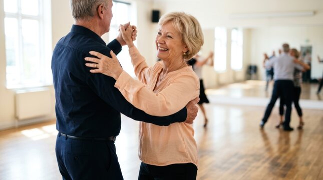 Smiling older individual dancing gracefully in a ballroom class during a community social event, showcasing senior active leisure, physical coordination, and vibrant retirement.