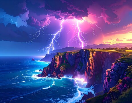 A dramatic coastal cliffside during a stormy sunset with lightning (2)