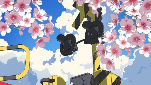 Japanese Railway Crossing Signal with Sakura Blossoms &ndash; Spring Anime Loop 4K