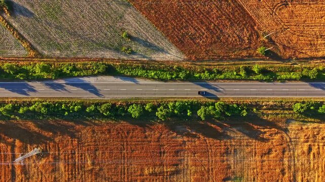 A straight road runs through open fields with patches of green and brown soil. The sun casts long shadows on the road and landscape. Trees line both sides of the highway.