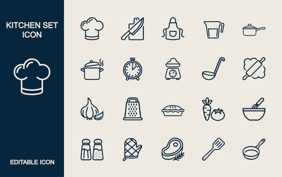 Kitchen Utensils and Cooking Icons: Chef Hat, Knife, Apron, Pot, Timer, Scale, Ladle, Rolling Pin