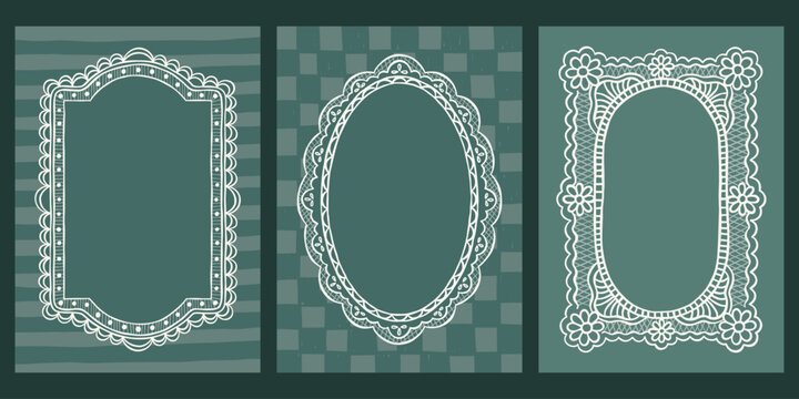 Vintage lace whimsical vector floral frames set. Decorative elegant retro coquette romantic backgrounds