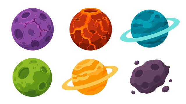 Cartoon vector set of colorful planets and asteroid objects