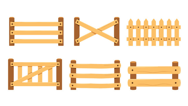 Set of wooden farm fence and gate elements in vector style