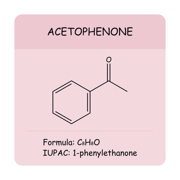 Acetophenone chemical structure with molecular formula C8H8O and IUPAC name 1-phenylethan-1-one. Organic chemistry educational vector.