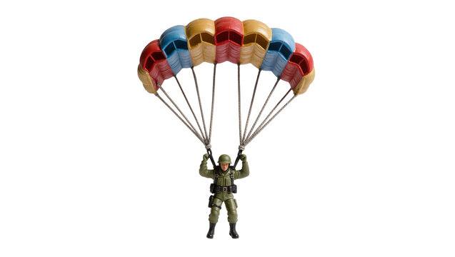 Toy soldier with colorful parachute descending, isolated on transparent background