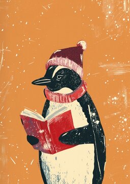 Penguin wear red scaf and hat reading book art animal bird.